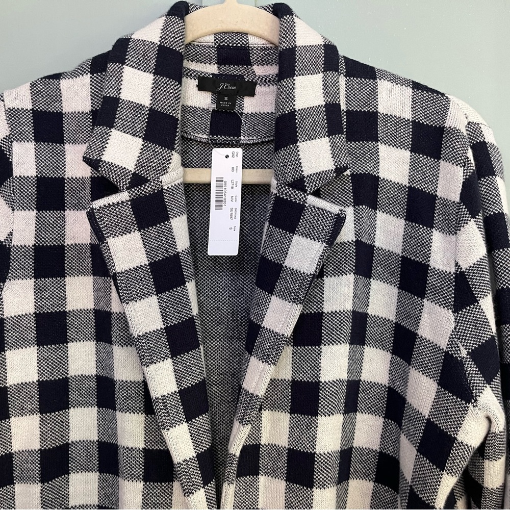 NEW- J. Crew Open Front Sophie Sweater Blazer Navy White Check Gingham Small